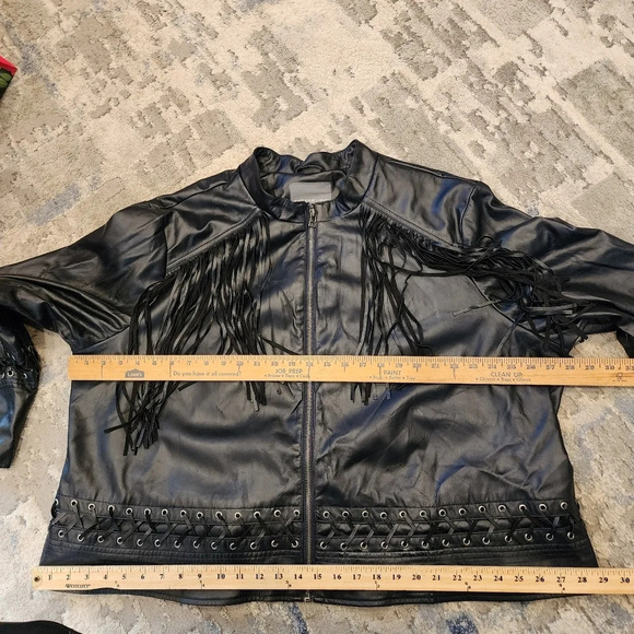 Kate & Mallory Vegan Leather Navy Blue fringe  lace up zip jacket. Women's 3X - Picture 9 of 16